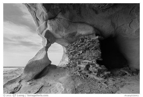 Granary and natural rock arch, Aztec Butte. Canyonlands National Park (black and white)