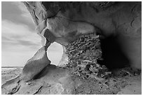 Granary and natural rock arch, Aztec Butte. Canyonlands National Park, Utah, USA. (black and white)