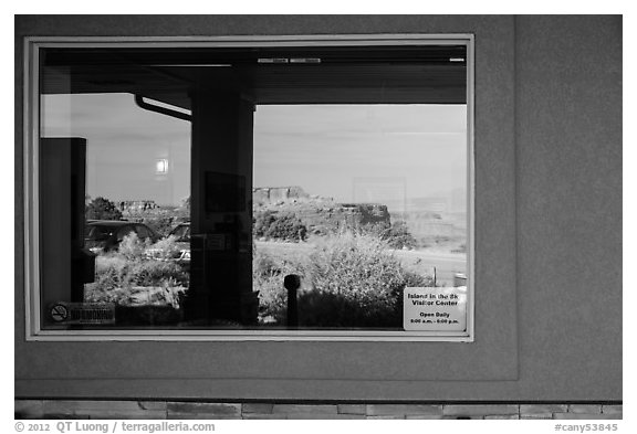 Canyons, Island in the Sky Visitor Center window reflexion. Canyonlands National Park, Utah, USA.