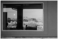 Canyons, Island in the Sky Visitor Center window reflexion. Canyonlands National Park, Utah, USA. (black and white)