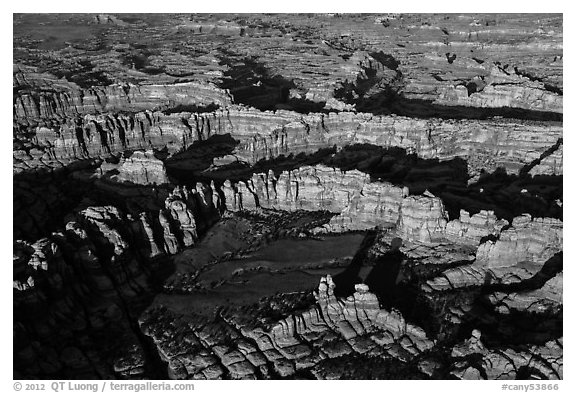 Aerial view of spires and walls, Needles District. Canyonlands National Park (black and white)