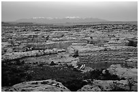 Maze canyons and snowy mountains at dusk. Canyonlands National Park, Utah, USA. (black and white)