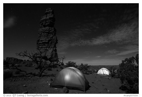 Tents at night below Standing Rock. Canyonlands National Park, Utah, USA.