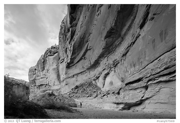 Hiker looking, the Great Gallery, Horseshoe Canyon. Canyonlands National Park (black and white)