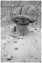 Mushroom rock and bentonite badlands, Orange Cliffs Unit, Glen Canyon National Recreation Area, Utah. USA (black and white)