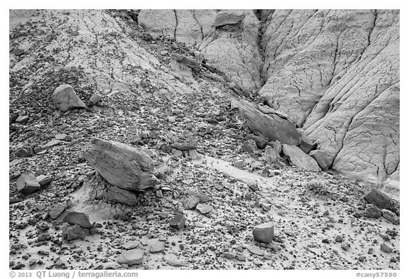 Rocks and clay badlands, Orange Cliffs Unit, Glen Canyon National Recreation Area, Utah. USA (black and white)