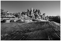 Rock slab and Dollhouse spires. Canyonlands National Park, Utah, USA. (black and white)