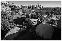 Jeep camp at the Dollhouse. Canyonlands National Park, Utah, USA. (black and white)