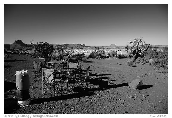 Backcountry camp chairs and tables, Standing Rocks campground. Canyonlands National Park, Utah, USA.