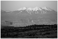 Distant Island in the Sky cliffs and La Sal mountains. Canyonlands National Park, Utah, USA. (black and white)