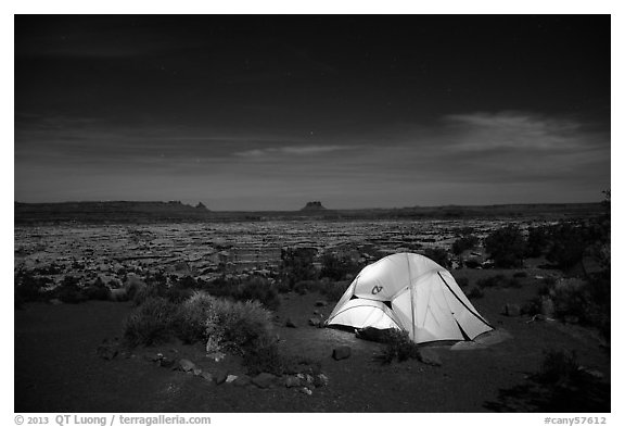 Tent overlooking the Maze at night. Canyonlands National Park, Utah, USA.