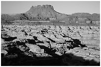 Chocolate drops, Maze canyons, and Elaterite Butte, early morning. Canyonlands National Park, Utah, USA. (black and white)