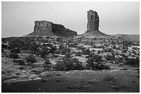 Lizard and Plug rock formations at dawn. Canyonlands National Park, Utah, USA. (black and white)