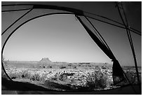 View from inside tent at Standing Rock camp. Canyonlands National Park, Utah, USA. (black and white)