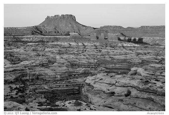 Chocolate drops, Maze canyons, and Elaterite Butte at sunrise. Canyonlands National Park, Utah, USA.