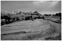 Sandstone swirls and Needles with last light, the Needles. Canyonlands National Park, Utah, USA. (black and white)