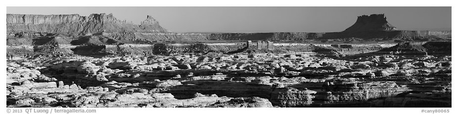 Maze canyons and Chocolate Drops from Standing Rock, early morning. Canyonlands National Park, Utah, USA.
