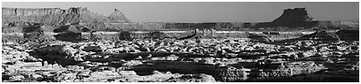 Maze canyons and Chocolate Drops from Standing Rock, early morning. Canyonlands National Park, Utah, USA. (black and white)