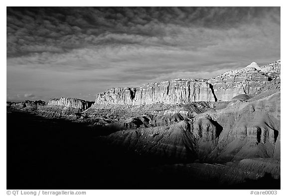 Layers of rock on  West face of Waterpocket Fold at sunset. Capitol Reef National Park, Utah, USA.