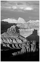 Cliffs and domes in the Waterpocket Fold, clearing storm, sunset. Capitol Reef National Park, Utah, USA. (black and white)