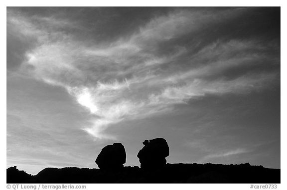 Twin boulders and clouds, dusk. Capitol Reef National Park (black and white)