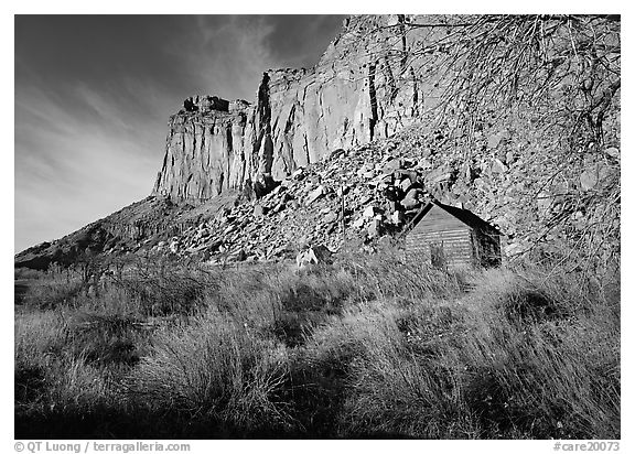 Historic Fuita school house and cliffs. Capitol Reef National Park (black and white)