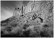 Historic Fuita school house and cliffs. Capitol Reef National Park, Utah, USA. (black and white)