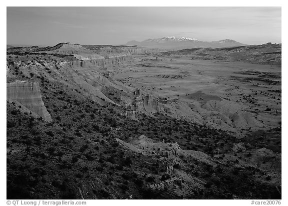 Waterpocket fold and snowy mountains at dusk. Capitol Reef National Park (black and white)