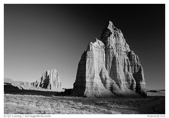 Temple of the Moon in the foreground and temple of the Sun, sunrise, Cathedral Valley. Capitol Reef National Park (black and white)