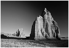 Temple of the Moon in the foreground, temple of the Sun in the background, sunrise, Cathedral Valley. Capitol Reef National Park, Utah, USA. (black and white)