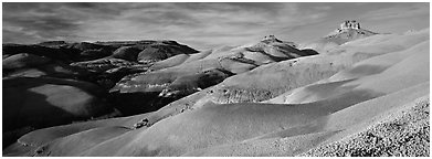 Bentonite hills landscape, Cathedral Valley. Capitol Reef National Park (Panoramic black and white)