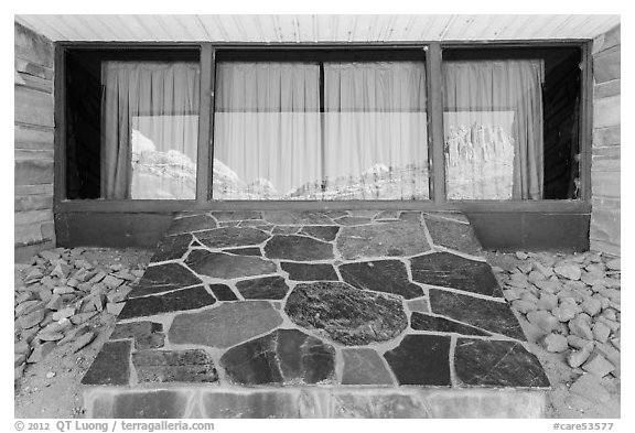 The Castle, Visitor Center window reflexion. Capitol Reef National Park (black and white)