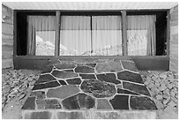 The Castle, Visitor Center window reflexion. Capitol Reef National Park, Utah, USA. (black and white)