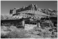 Visitor Center and Castle rock formation. Capitol Reef National Park, Utah, USA. (black and white)