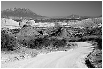 Waterpocket Fold and gravel road called Burr trail. Capitol Reef National Park, Utah, USA. (black and white)