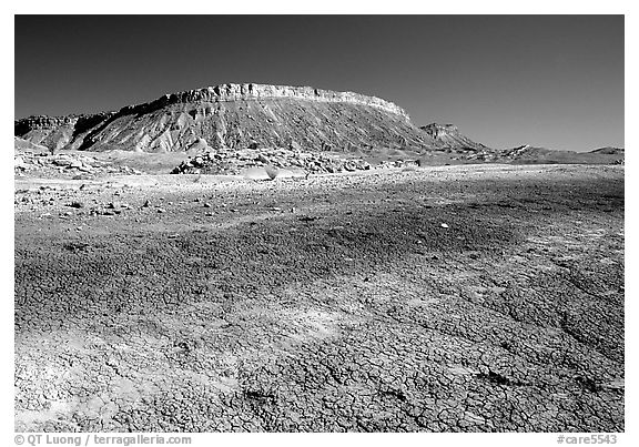 Colorful Bentonite flats and cliffs. Capitol Reef National Park (black and white)