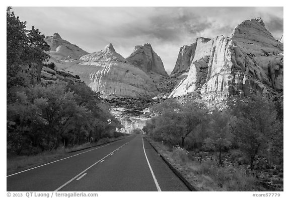Road and domes in Fremont River Canyon. Capitol Reef National Park (black and white)