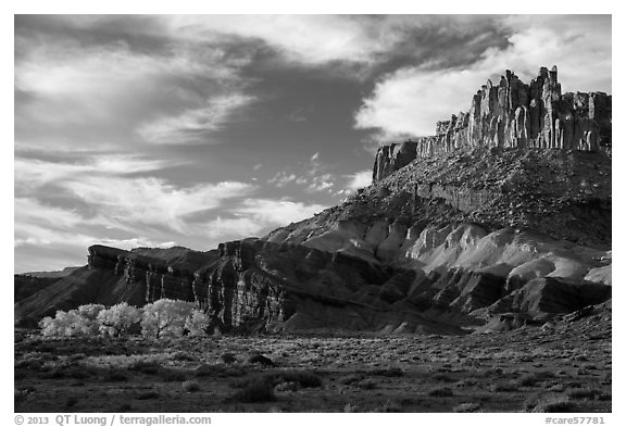 Late afternoon light on Castle and cottowoods in autumn. Capitol Reef National Park, Utah, USA.