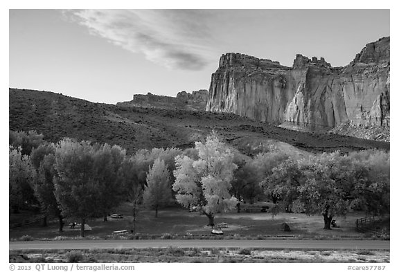 Fruita Campground and cliffs at sunset. Capitol Reef National Park, Utah, USA.