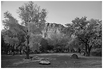 Fruita Campground at dusk. Capitol Reef National Park, Utah, USA. (black and white)