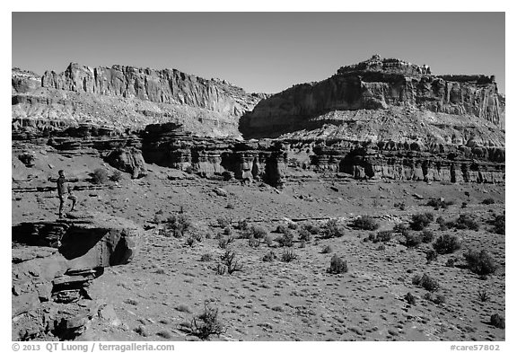 Park visitor looking, Sunset Point. Capitol Reef National Park (black and white)