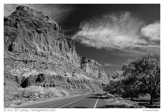 Rood, cliffs, and orchard in autumn. Capitol Reef National Park (black and white)