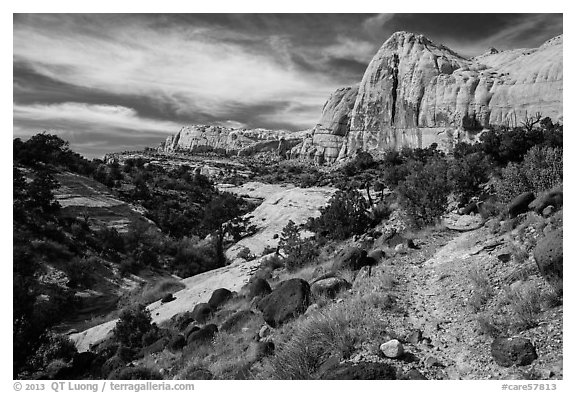 Trail and Navajo Dome. Capitol Reef National Park (black and white)