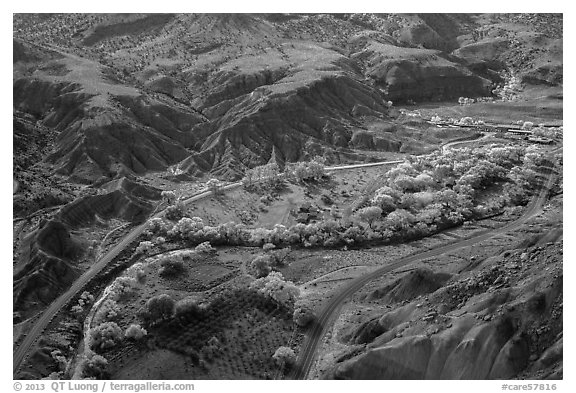 Fruita historic orchards from above in autumn. Capitol Reef National Park (black and white)