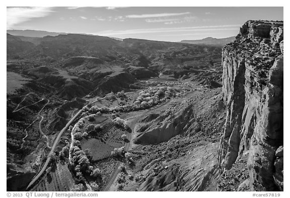 Cliffs and Fruita from Rim Overlook. Capitol Reef National Park, Utah, USA.