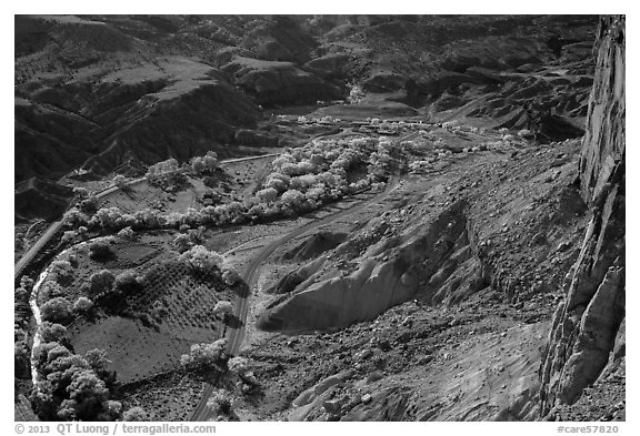 Fruita in the fall from Rim Overlook. Capitol Reef National Park (black and white)