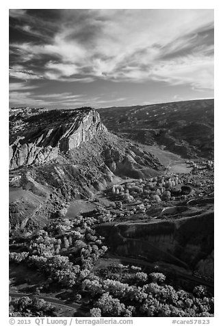 Waterpocket Fold  and orchards in the fall from Rim Overlook. Capitol Reef National Park, Utah, USA.