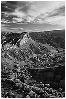 Waterpocket Fold  and orchards in the fall from Rim Overlook. Capitol Reef National Park, Utah, USA. (black and white)