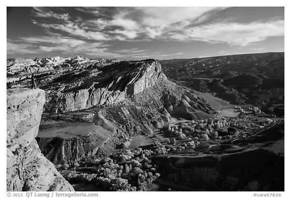 Park visitor looking, Rim Overlook over Fruita. Capitol Reef National Park, Utah, USA.