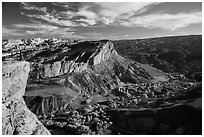 Park visitor looking, Rim Overlook over Fruita. Capitol Reef National Park, Utah, USA. (black and white)